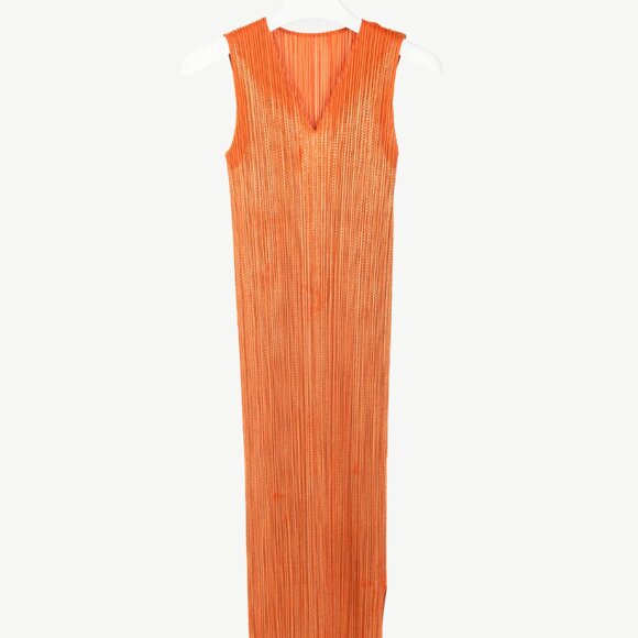 Pleats Please Issey Miyake Orange Metallic-Pattern Sleeveless Maxi Dress - Picture 1 of 8